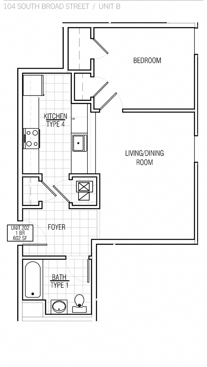 Floor plan for 1 bed, 1 bath